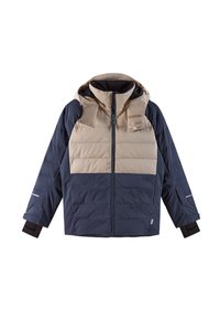 Puchowa kurtka w beżowo-granatowym wzorze blokowym. Posiada kaptur, zamek z przodu oraz ergonomiczne rękawy z odblaskowymi akcentami.