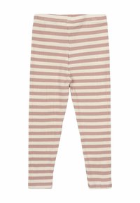 Rosa och krämfärgade ribbade leggings med horisontella ränder. Elastisk midja med en slät textur. Inga ytterligare dekorationer.