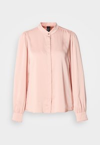 Lyserød bluse i glat stof med mandarinkrave, lange ærmer med elastiske manchetter og knaplukning.