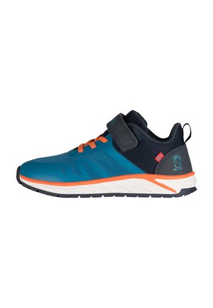 Blue and navy children's sneaker with orange laces, orange and white sole, black Velcro strap, and small Norwegian flag on side.