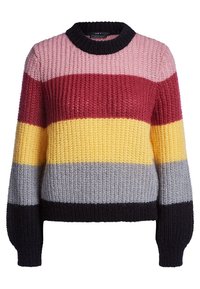 Maglione a maglia spessa con ampie strisce orizzontali in rosa, bordeaux, giallo, grigio e nero, dotato di un colletto e polsini neri a girocollo.