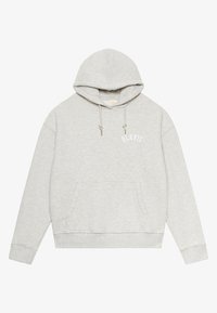 Jasnoszara bluza z kapturem, z przednią kieszenią i białym napisem "BLKVIS" na lewej piersi, z troczkami oraz ściągaczami przy mankietach i brzegu.