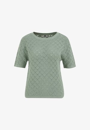 Hele-roheline lühikeste varrukatega kootud pusa ümarate kaelusega ja keeruka avatud tööga geomeetrilise mustriga.