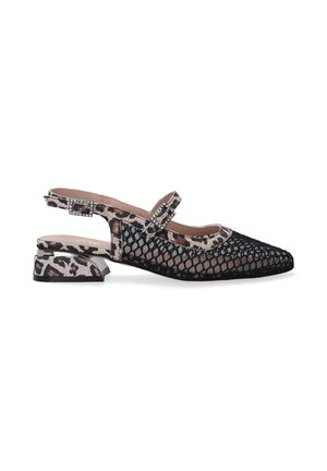 Black mesh slingback shoe with a pointed toe, leopard print accents, small block heel, and decorative buckle on the strap.