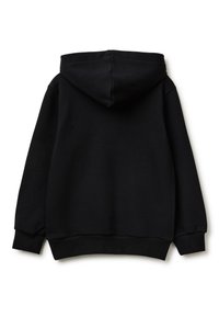 Sudadera negra con una textura suave, una capucha espaciosa y puños y dobladillo de canalé. Presenta un diseño y silueta sencillos y sin adornos.