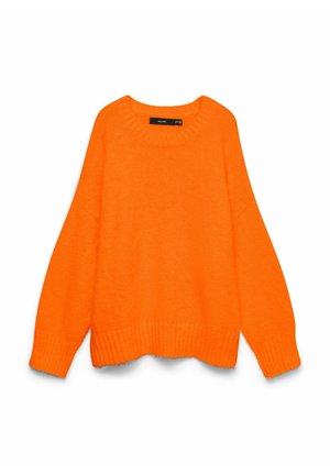 Pulover lung tricotat de culoare portocaliu aprins, cu guler rotund, manșete și tiv striate, expus pe un fundal alb.