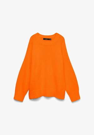 Pulover lung tricotat de culoare portocaliu aprins, cu guler rotund, manșete și tiv striate, expus pe un fundal alb.