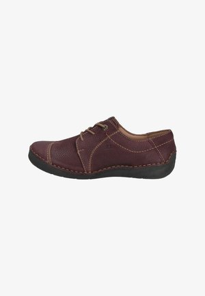 Bordeauxfarbene Lederschuhe mit strukturiertem Finish, runder Zehenpartie und Kontrastnähten. Ausgestattet mit Schnürverschluss und schwarzer Gummisohle.