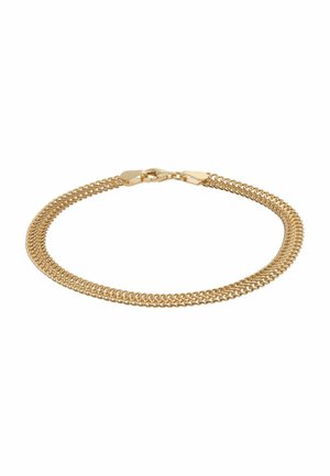 Goldfarbenes doppeltes Kettenarmband mit Karabinerverschluss auf weißem Hintergrund.