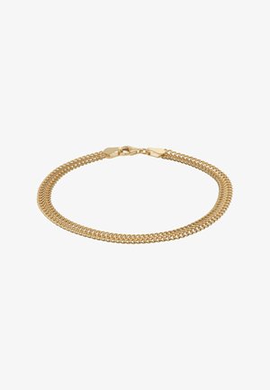 Goldfarbenes doppeltes Kettenarmband mit Karabinerverschluss auf weißem Hintergrund.