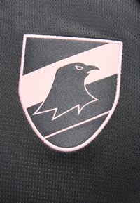 Emblème de bouclier noir et rose avec une tête d'oiseau stylisée tournée vers la droite sur un fond en tissu noir texturé.