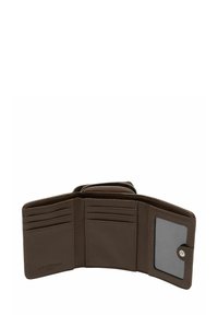 Braunes Lederportemonnaie mit Reißverschluss, mehreren Kartenfächern und einem durchsichtigen Ausweisfenster. Glatte Textur mit kontrastierenden Ziernähten.