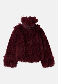 Burgundy faux fur jacket with a high collar, featuring a textured, fluffy surface and decorative black hardware accents at the neck.