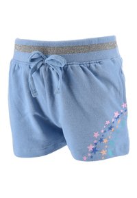 Pantalones cortos azules hechos de una tela suave, con una cinturilla elástica plateada y un cordón de ajuste. Presentan un patrón de estrellas multicolores en el costado.