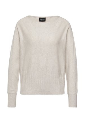 Light beige knit sweater with a wide neckline, long sleeves, and ribbed cuffs and hem. Soft texture with a slightly relaxed fit.