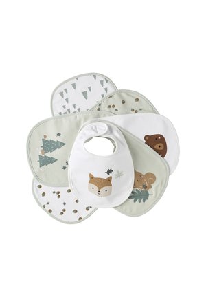 Set of six baby bibs with woodland animal faces, trees, acorns, and leaves in soft white and green tones.
