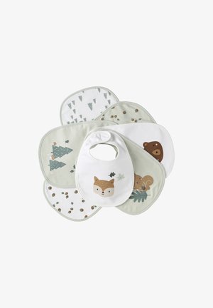 Set of six baby bibs with woodland animal faces, trees, acorns, and leaves in soft white and green tones.