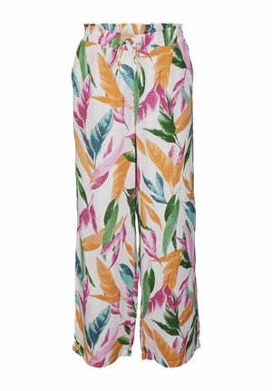 Letdæmpende, løstsiddende bukser med et farverigt tropisk bladmønster i pink, orange, grøn og blå på en hvid baggrund.