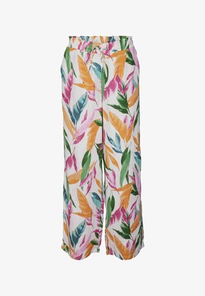 Ľahké, voľné nohavice s farebným tropickým vzorom vo farebných odtieňoch ružovej, oranžovej, zelenej a modrej na bielom pozadí.