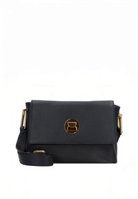 Black leather crossbody bag with a textured finish, magnetic snap closure, gold hardware accents, and adjustable strap.