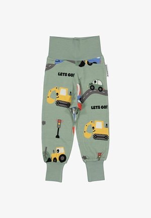 Børnebukser i lys grøn med mønstre af køretøjer og veje; har elastikliv og sammensnørrede mansjetter.