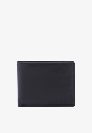 Black leather wallet with a rectangular shape, featuring subtle stitching and debossed logo detail. Smooth texture with no visible patterns.