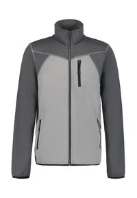 Chaqueta gris y gris oscuro con collar alto, cremallera completa, tejido texturizado y dos bolsillos laterales, que incluye un bolsillo en el pecho con cremallera.