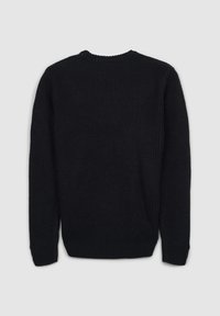 Czarny, dziergany sweter z okrągłym dekoltem i długimi rękawami. Posiada prążkowane mankiety i dół, wykonany jest z teksturowanej, grubej tkaniny.