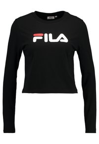 Svart långärmad crop top i bomull med rund halsringning. Har en stor vit FILA-logotyp och en röd accent till vänster.