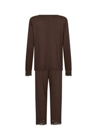Completo loungewear marrone composto da una maglia a maniche lunghe e pantaloni. Decorato con pizzo ai polsini e all'orlo, realizzato in un tessuto morbido e leggero.