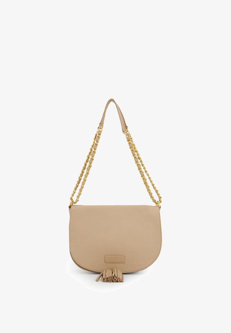 Beige leather shoulder bag with a rounded flap, gold chain strap, and a decorative tassel detail at the bottom.