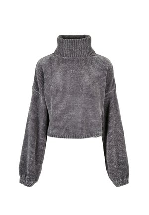 Caurgriezta pelēka tērpiņa ar ribu tekstūru, platām piedurknēm un piegulošu apakšmalu. Mīkstā audums izskatās ērts un silts.