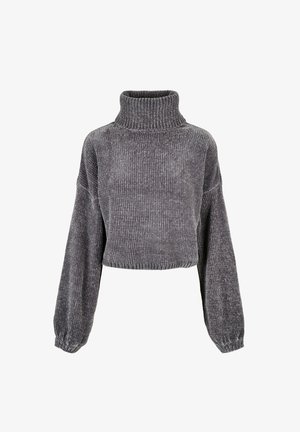 Skraćeni sivi pulover s turtleneck ovratnikom, rebrastom teksturom, širokim rukavima i uskim donjim rubom. Mekana tkanina djeluje udobno i toplo.