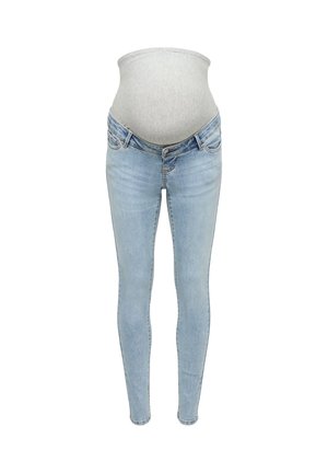 Lichtblauwe skinny zwangerschapsjeans met een grijs rekbaar buikpaneel, ontworpen om een zwangere buik te ondersteunen.