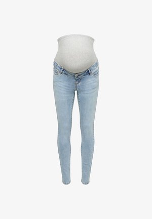 Lichtblauwe skinny zwangerschapsjeans met een grijs rekbaar buikpaneel, ontworpen om een zwangere buik te ondersteunen.