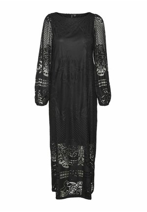 Sort langærmet kjole lavet af blonder, med et blomsterdesign, rund halsudskæring og en løs pasform med puffede ærmer.
