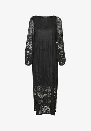 Must mustriga pitskleit, millel on lilleline muster, ümmargune kaelus ja vabalt langev lõige koos pumbatud varrukatega.