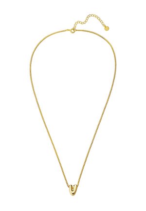 Collier en chaîne dorée avec un petit pendentif courbé et un fermoir ajustable sur fond blanc.