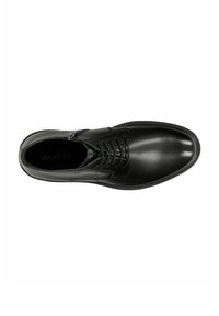 Czarne skórzane buty eleganckie z gładkim wykończeniem, sznurowanym przodem i detalem zamka. Posiadają okrągły czubek oraz teksturowaną gumową podeszwę.
