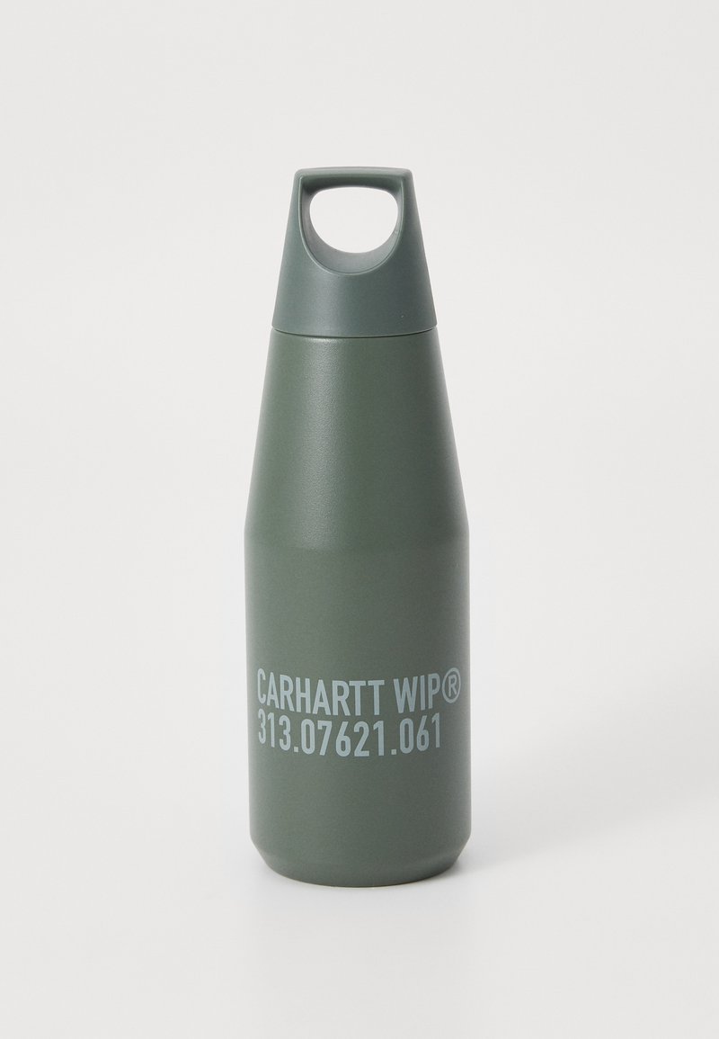 Reusable stainless steel water bottle, tapered design, matte dark green finish, features a carry handle and embossed branding.