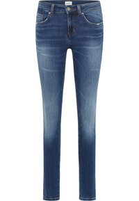 Jeans ajustados en denim azul oscuro, con cinco bolsillos, un frontal desgastado y detalles de costura sutiles. Diseño clásico con una cintura de altura media.