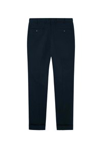 Pantaloni blu scuro con una vestibilità su misura, caratterizzati da una parte anteriore piana, due tasche posteriori con chiusura a bottone e orli arrotolati.