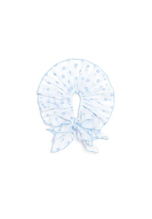 Light blue polka dot fabric collar with ruffles and a tied bow at the front, designed as a decorative neck accessory.