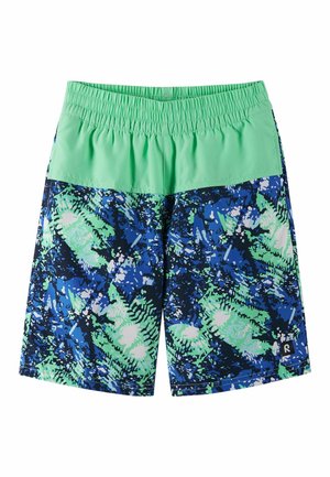 Shorts à taille élastique avec une ceinture unie vert clair et un bas à motifs présentant des feuilles abstraites bleues, vertes, blanches et noires.