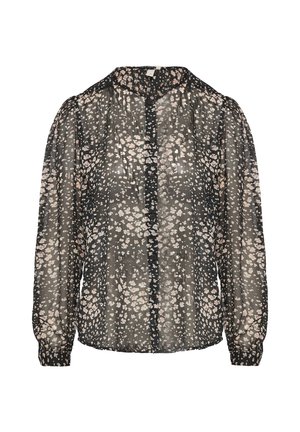 Melna caurspīdīga blūze ar rozā un baltu ziedu rakstu. Iespējama pogu aizdare priekšā, garas piedurknes un apkakles izgriezums.