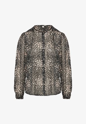 Juoda permatoma bluzelė su rožių ir baltų gėlių raštu. Yra mygtukų uždarymas priekyje, ilgomis rankovėmis ir apykaklės iškirpte.