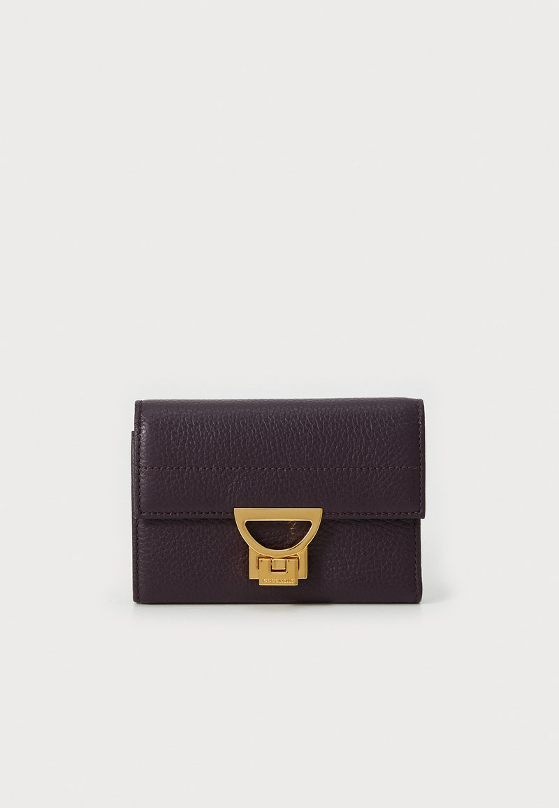 Purple leather wallet with a textured finish, featuring a gold-toned clasp and subtle stitching details on the front. Compact rectangular shape.