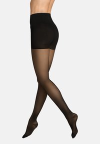 Schwarze blickdichte Strumpfhosen mit einem hochgeschnittenen Design; glatte Textur, die zu transparenten Unterschenkeln übergeht; keine Muster oder sichtbaren Beschläge.