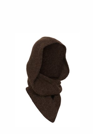 Écharpe à capuche en laine marron couvrant la tête et le cou, avec une texture douce et duveteuse et une extrémité pointue à l'avant.