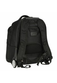 Black wheeled backpack with padded shoulder straps, mesh back panel, and durable fabric. Features a retractable handle and smooth, secured wheels.
